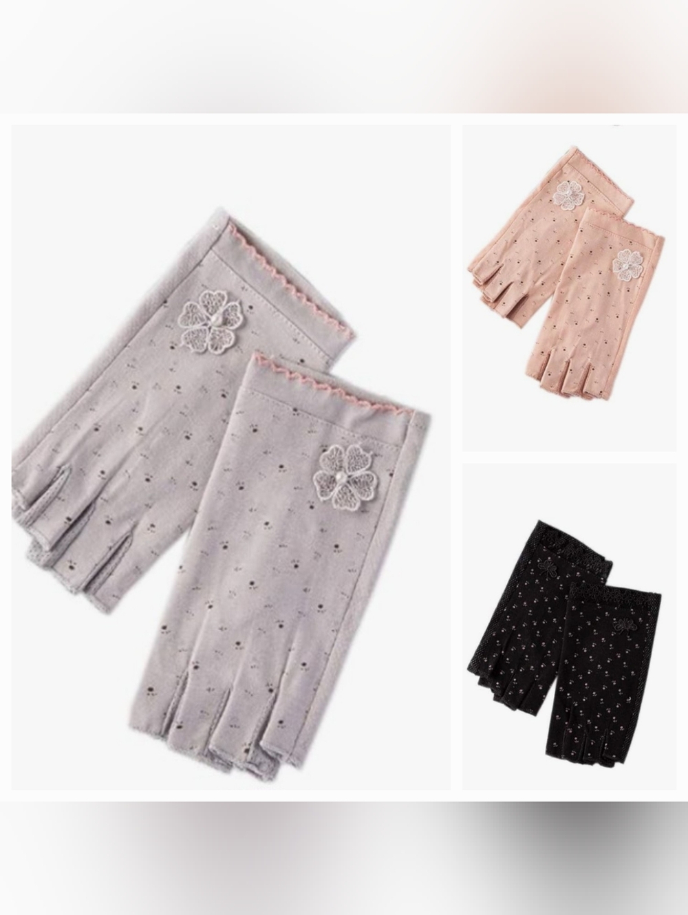 Lace Flower Fingerless Gloves - Gray, Pink, Black UV Protection